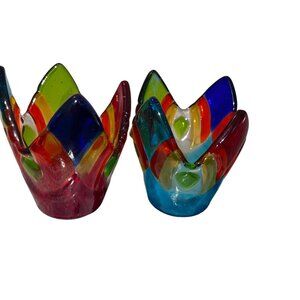 Set of 2 Handmade Signed Multicolor Art Glass Votive Candle Holder/Trinket Dish